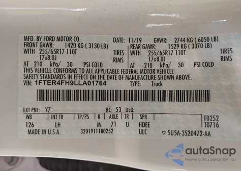 2020 Ford Ranger Xlt from USA, damaged, VIN 1FTER4FH9LLA01764